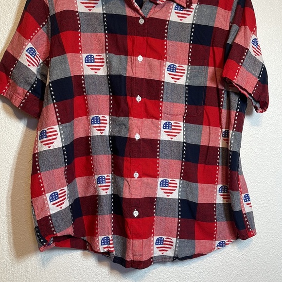 Patriotic Camp Shirt XXL Red Blue Heart Flags Collections Buffalo Plaid Stars - Picture 5 of 10